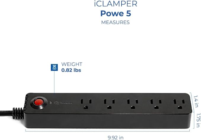 Clamper Power Strip 5-Outlet 4ft Extension Cord, Short Circuit Protection, Surge Protector 1800 Joules, 1875W, for TV, PC, Xbox, PS5 and Other Appliances, Home and Office, iCLAMPER Power 5 Black
