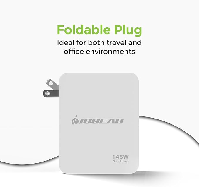 IOGEAR GearPower 145W Multiport Charger, GaN, 4 Port, USB-C Cable, iPhone 16, MacBook Pro/Air, iPad Pro, Google Pixel, Travel Wall Charger, Cable Included, GPAWC145W
