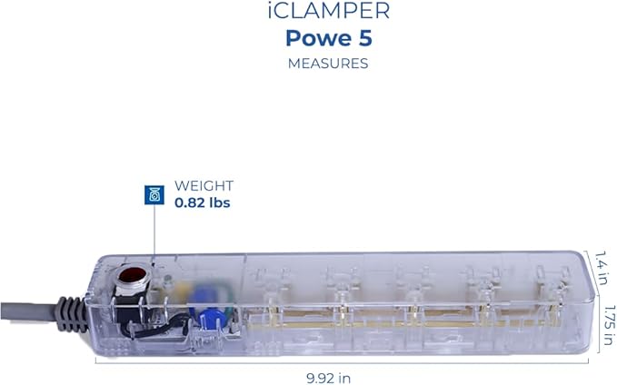 Clamper Power Strip 5-Outlet 4ft Extension Cord, Short Circuit Protection, Surge Protector 1800 Joules, 1875W, for TV, PC, Xbox, PS5 and Other Appliances, Home and Office, iCLAMPER Power 5 Clear