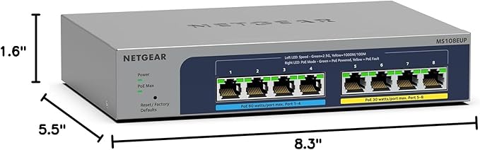 NETGEAR 8-Port Ultra60 PoE Multi-Gigabit Ethernet Easy Smart Managed Switch (MS108EUP) - Managed, with 4 x PoE++ and 4 x PoE+ @ 230W, Desktop or Wall Mount, and Limited Lifetime Protection