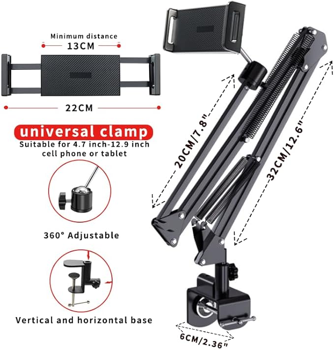 Tablet Stand Holder for Bed,Folding Tablet Holder for Desk,Flexible Tablet Arm Clamp Compatible with iPad/iPhone15/iPad Pro/N-Switch,Kindle Fire,or others 4.5~12.9 Inch-Reading,Watching Black