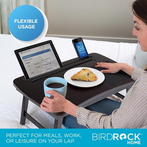 BIRDROCK HOME Curved Wood Lap Tray with Foldout Legs, Storage Drawer, Mouse Pad, Fits Laptops Up to 17", Tablet and Phone Slot, Laptop Table for Sitting or Standing, Work from Home - Walnut