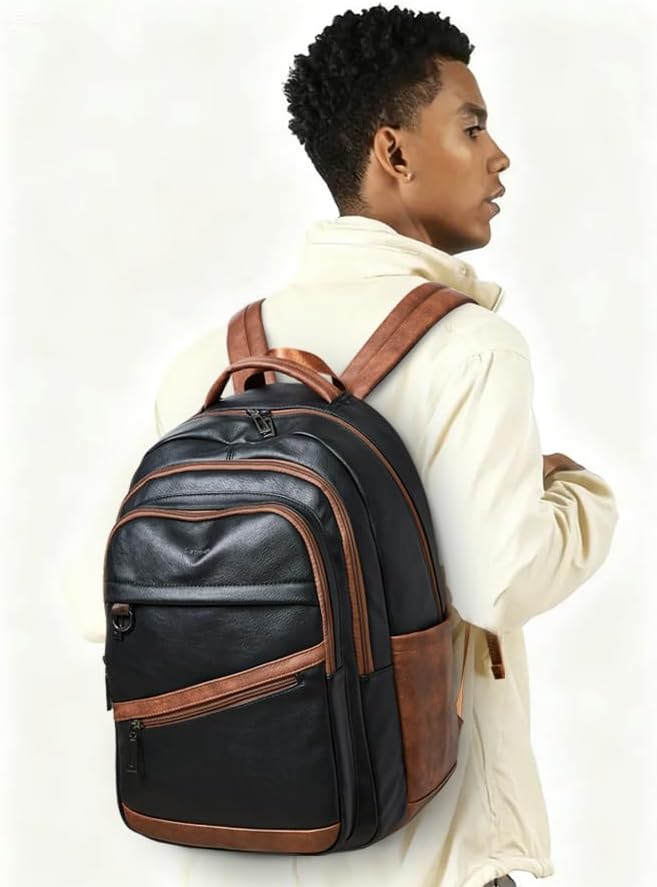 43L Backpack for Women Men - Vegan Leather Backpack Purse Travel Carry-on Bag College Bookbag Work fits 17" Laptop,Black&Brown