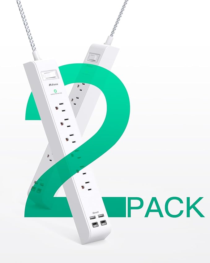 2 Pack Power Strip, 12FT Long Extension Cord, Surge Protector with 6 Outlets and 4 USB Ports (2 USB C), Flat Plug Overload Protection, Extension Cord 10+ ft, Wall Mount for Home Office Dorm College