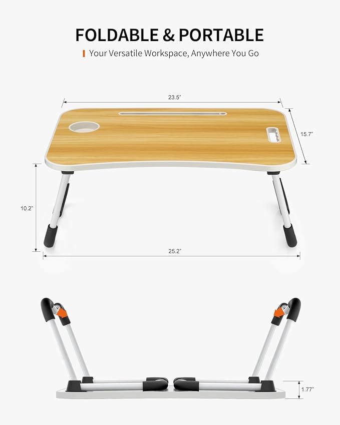 Foldable Laptop Table, Portable Lap Desk Bed Table Tray, Laptop Stand with Cup Holder & Tablet Slot & Lifting Handle for Working Writing Drawing & Eating (Wood)