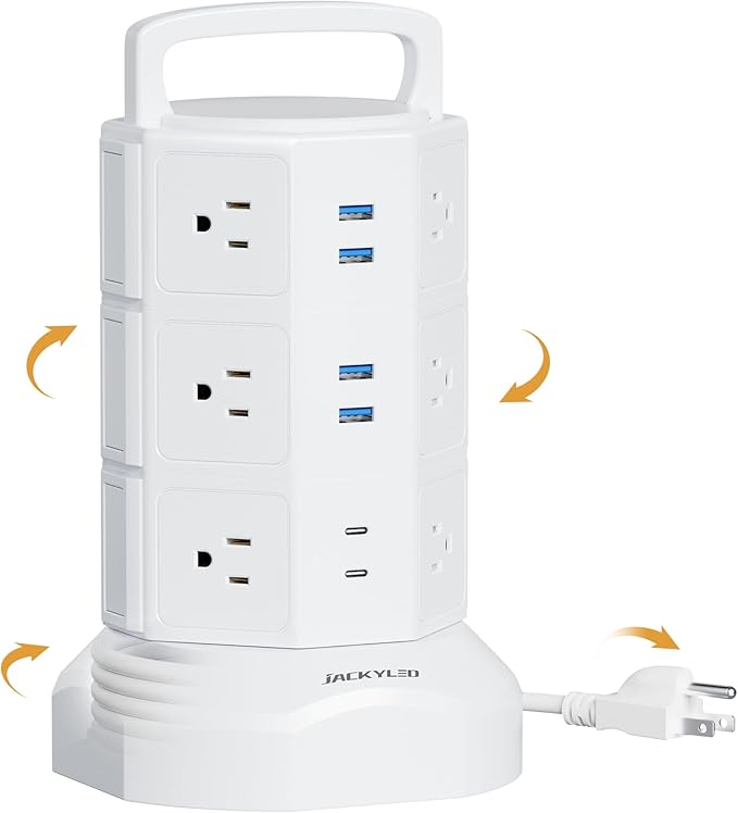 Power Strip Tower Surge Protector, JACKYLED 12 Outlets 6 USB (2 USB C) Charging Station, Extension Cord with Multiple Outlets, 1050J 1625W/13A Outlet Extender 6.5ft Extension Cord for Home Office