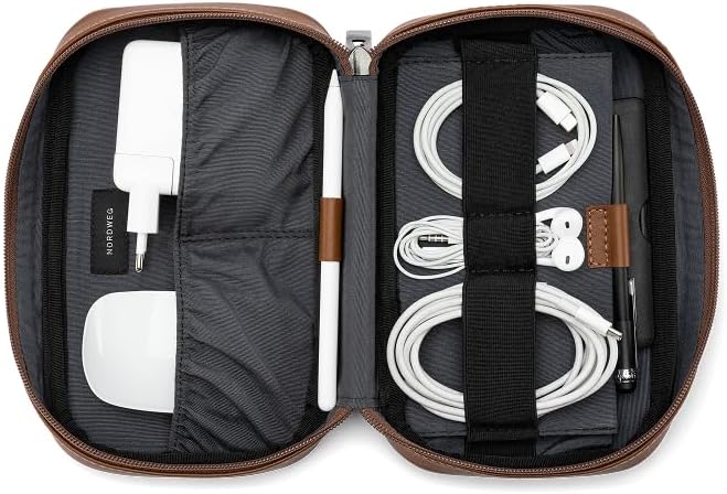 Leather Tech Organizer Nordweg NWA05 - Handcrafted Full-Grain Electronics Travel Case – Premium Leather Pouch for Cables, Chargers & Accessories – Essential Gift for Men & Women, Work & Travel - Brown
