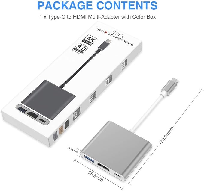 USB C to HDMI Adapter, 4K USB Hub with 100W PD Charging, USB-A 3.0 Port, Multiport Adapter for MacBook, Chromebook, iPad, Surface, TV, Monitor, and More (Gray, 4.3 * 2.9 * 0.6)