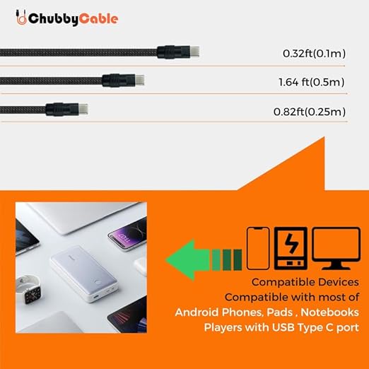 chubbycable Cute Chubby 240W Short USB C Cable Power Bank Fast Charging Cable Nylon Braided Charger Cord Compatible with iPhone 17-15 Series iPad, Yellow, Type-C to Type-C, 0.32FT