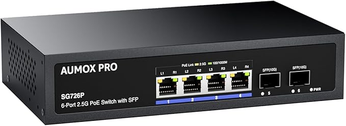 6 Port 2.5G PoE Switch,AUMOX PRO 4 Port 2.5G Network Unmanaged Switch with 2x10G SFP Gigabit Ethernet Unmanaged PoE Switch 75W,Compatible with 100/1000/2500Mbps Plug and Play