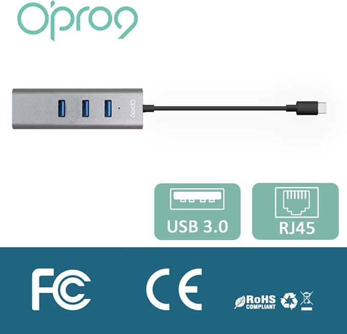 Opro9 4-in-1 USB C to Ethernet Hub, USB OTG Network Adapter, 3xUSB 3.0, Thunderbolt 3, with 10/100/1000 Mpbs RJ45 Gigabit Ethernet LAN Network, Adapter Converter for Mac/Windows/OS/Linux and More