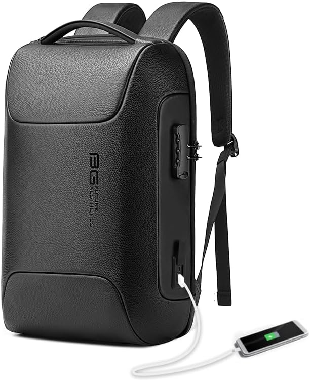 BANGE Black Genuine Leather Laptop Backpack for Men,Anti Theft Business Backpack with USB3.0 Charging Port, Smart Professional Lightweight Travel Backpacks for 15.6 Inch Laptop…