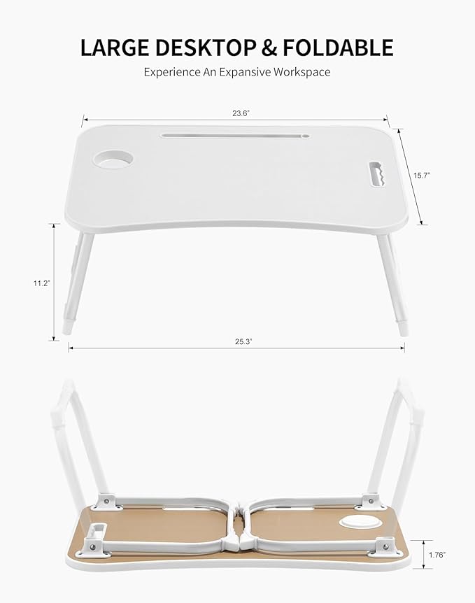 Laptop Bed Desk, Foldable Lap Table, Portable Study Table, Laptop Stand with Cup Holder & Tablet Slot & Lifting Handle for Working Writing Drawing & Eating - White