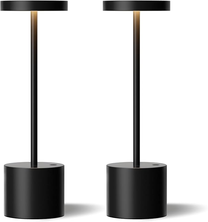 Cordless Table Lamp, 4000mAh Rechargeable Battery Powered Lamps, 3 Color Stepless Dimming, LED Wireless Outdoor Lamps for Dining Room, Bedroom, Bar, Cafe, Restaurant, Patio, Camping, Set of 2- Black