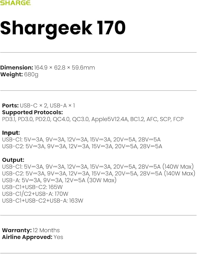 SHARGEEK 170 Power Bank, 170W Total 24,000mAh High Capacity Portable Charger with Smart Display, IP66 140W PD3.1 Battery Pack for Laptop iPhone 17/16/15 Galaxy Google Pixel MacBook, Steam Deck