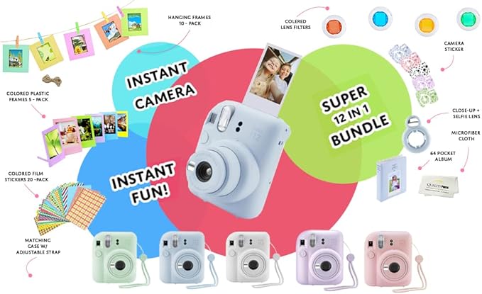 Fujifilm Instax Mini 12 Instant Camera + 60 Photo Prints + Quality Photo Value Bundle, Case, Decoration Stickers, Frames, Photo Album, (Pastel Blue)