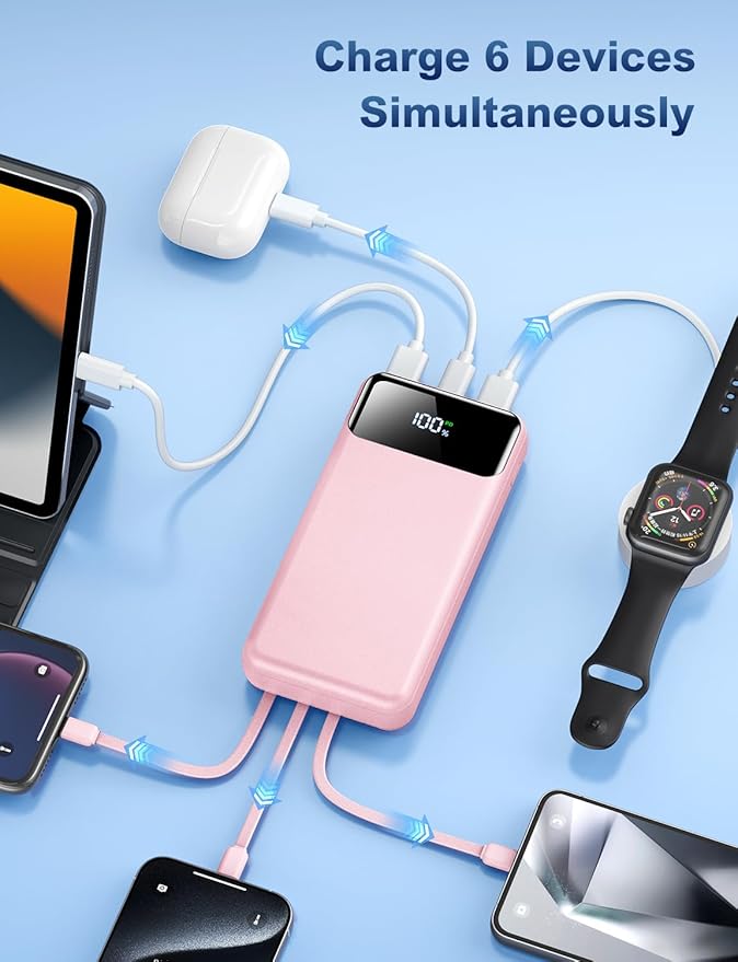 Portable Charger Power Bank 50000mAh Battery Pack, 22.5W Fast Charging PowerBank with Built in Cables,Travel Essential USB-C Portable Phone Charger for iPhone Samsung Pixel Android iPad-Pink