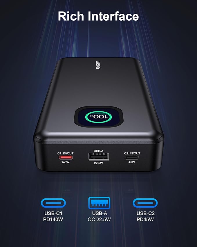 140W Power Bank, 25000mAh Laptop Portable Charger with Smart Digital Display, PD3.1 Fast Charging Battery Pack for MacBook Dell XPS iPad Tablet Steam Deck iPhone 17-12 Series Samsung Switch and More