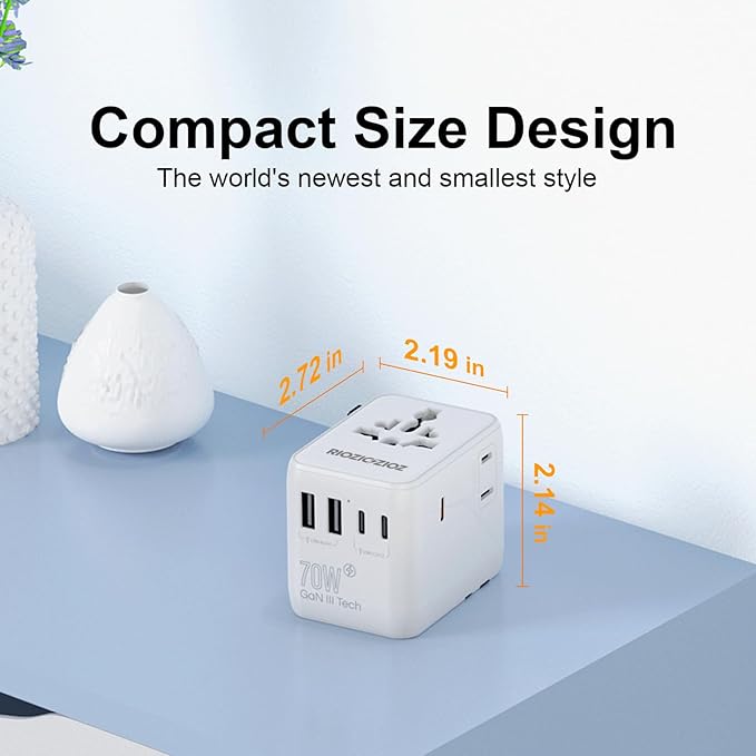 Universal Travel Adapter, RIOZIOZIOZ GaN III Worldwide Portable Adaptor with 70W PD Fast Charging, 7 Ports(2AC Socket&3USB-C&2USB-A), European Travel Essentials for EU/US/UK/AU/JP Power Plug