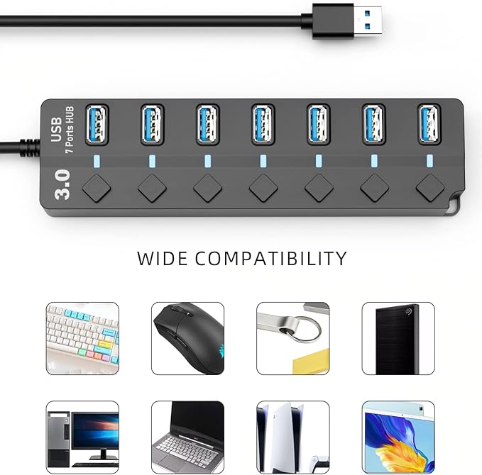USB 3.0 Hub, PANPEO 7-Port USB Data Hub Splitter with 3ft Long Cable USB Extension for Laptop,PC Computer,Surface Pro, PS4/5, Flash Drive, Mobile HDD - with LED Individual On/Off