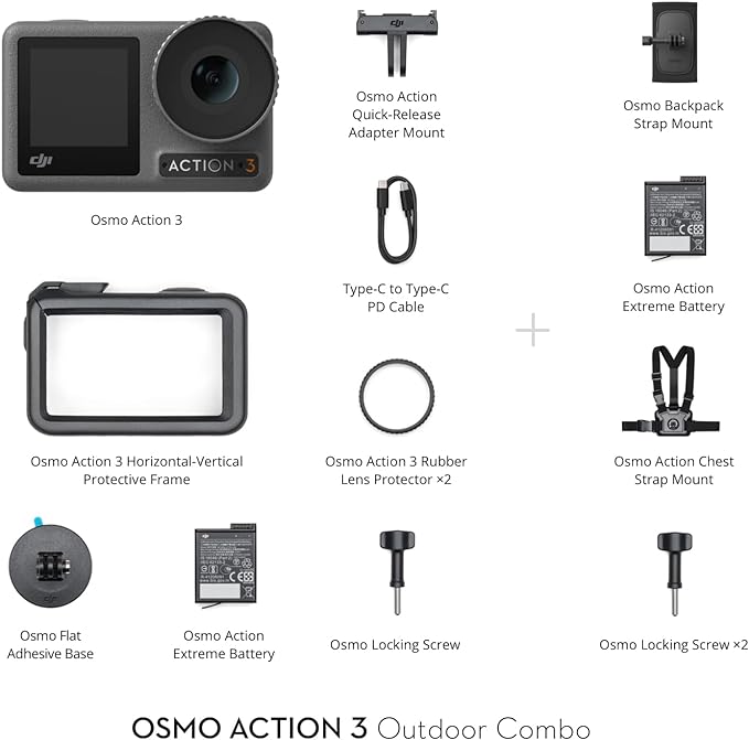 DJI Osmo Action 3 Outdoor Combo - 4K/120fps Action Camera with Chest & Backpack Strap Mount for Hiking and Cycling, Super-Wide FOV, HorizonSteady, Cold Resistant & Up to 320 Mins with 2 Batteries