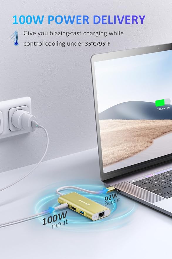 UtechSmart USB C Hub, USB C Ethernet Multiport Adapter, 6 in 1 USB C to HDMI Dock Compatible for MacBook Pro/Air, Chromebook, Dell XPS, HP (Gigabit Ethernet 100W PD 4K HDMI USB 3.0)(Gold), UCN3273