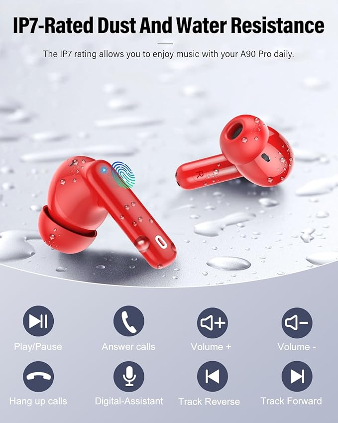 Wireless Earbuds, Bluetooth 5.4 Headphones Bass Stereo, Ear Buds with Noise Cancelling Mic, LED Display in Ear Earphones Clear Calls, IP7 Waterproof Bluetooth Earbuds for Laptop/Phones/Sports, Red