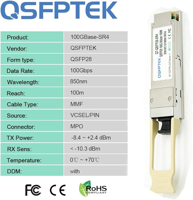 QSFPTEK 100G QSFP28 Transceiver Module MTP/MPO Multimode 100GBASE-SR4 for Dell (DE) QSFP28-100G-SR4 (850nm, 100m, with DDM)