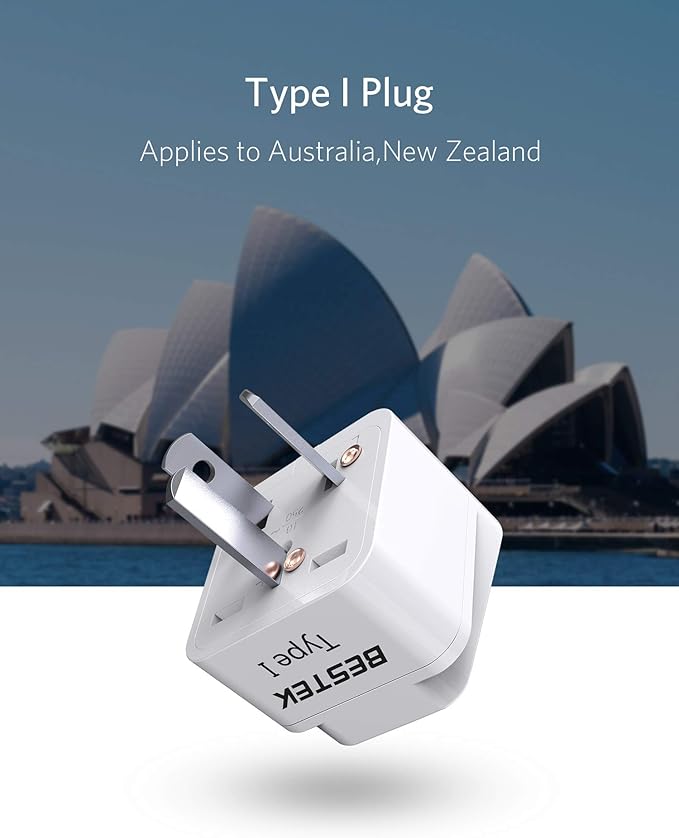 BESTEK Australia New Zealand Travel Plug Adapter, Grounded Universal Type I Plug Adapter AU to US Adapter, Compact for Australia, New Zealand and More