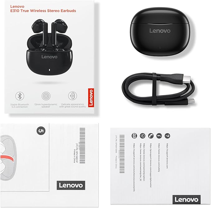 Lenovo E310 True Wireless Stereo Earbuds Bluetooth 5.3 ENC Noise-Cancelling Ear Buds with 13mm Speaker Type-C Charging 20h Battery Life for Music Calls Comfortable Fit Wireless Earbuds - Black