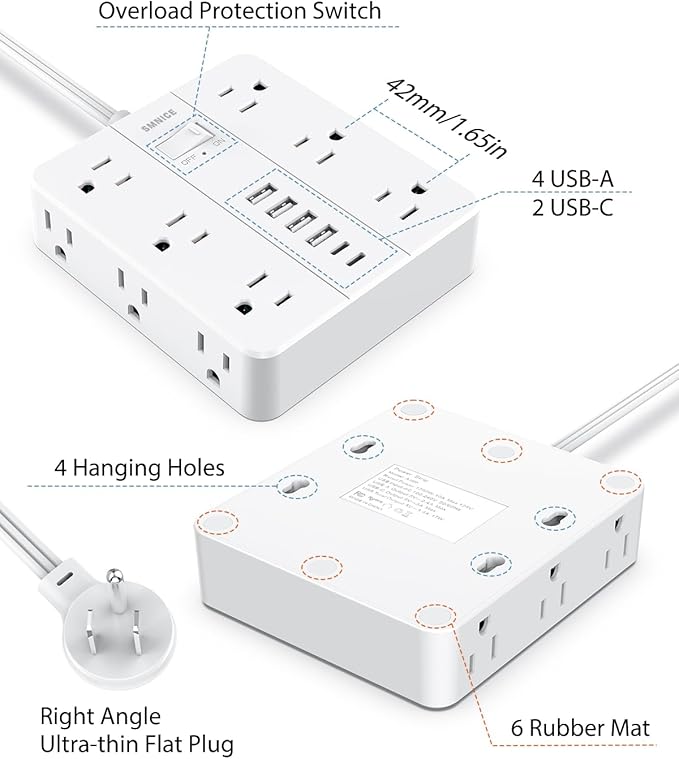 Power Strip Surge Protector 10ft Extension Cord,SMNICE Flat Plug with 12 Outlets 6 USB(2 USB C),Surge Protector Charging Station with Overload Protection for Home, Dorm,Office