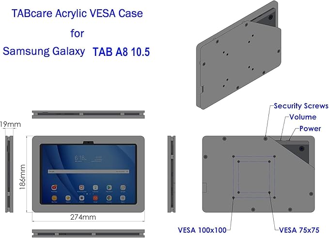 TABcare Security Anti-Theft Acrylic VESA Enclosure for Samsung Galaxy TAB A8 10.5 with Wall Mount Kit (White, TAB A8 10.5)