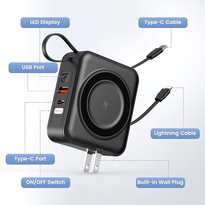 for Magsafe Portable Charger with AC Wall Plug, 6-in-1 Magnetic Wireless Power Bank 10000mAh Built-in Cables, 22.5W Type-C in&Out Fast Charging Battery Pack for iPhone 16/15/14/13/12 Series, Black