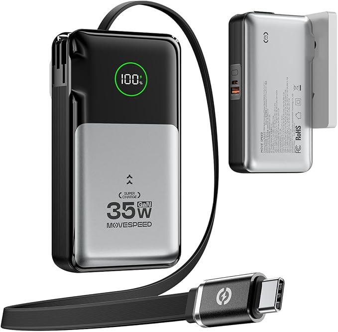 MOVE SPEED 3 in 1 Portable Charger with Built-in Retractable 27.6in Cable and Foldable Wall Plug, 35w 10,000mAh GaN Fast Charging Power Bank, Travel Essential Battery Pack for iPhone 17/16/15,Galaxy