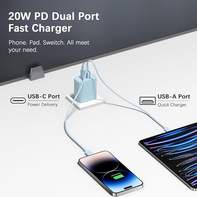 USB C Charger Block Charging Block Type C Charge 20W Wall Chargers 4 Pack for iPhone 16/16 Plus/16 Pro/16 Pro Max/iPhone 15/15 Pro/15 Pro Max/14/13/12 Pro/Samsung//Android(Blue)