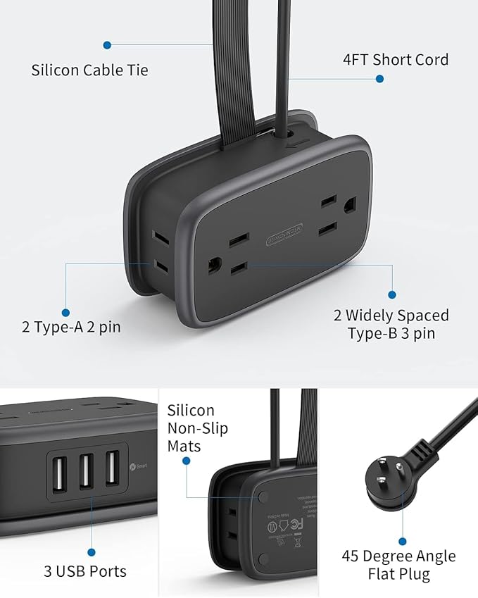 Travel Power Strip with USB Ports, NTONPOWER 4ft Flat Plug Wrapped Around Short Extension Cord with 4 Outlets 3 USB Ports, Compact for Cruise Travel Essential Hotel Home Office, Black