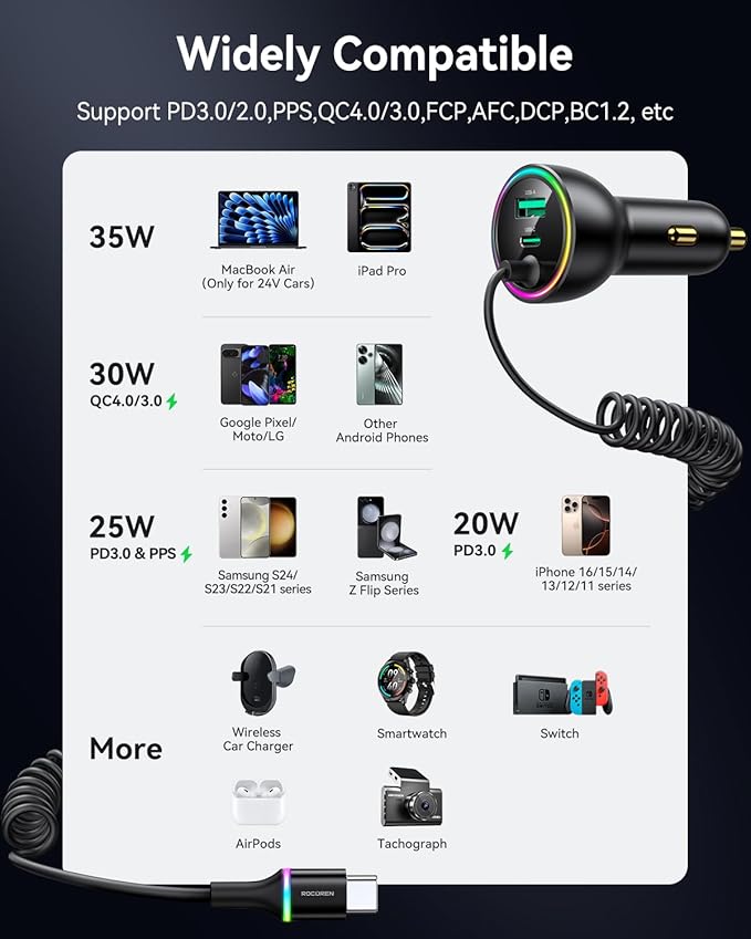 Rocoren 70W Car Charger for iPhone 17/16 Pro Max, USB C Car Charger Fast Charging with 8.2Ft Type C Coiled Cable, Super Fast Cigarette Lighter USB C Phone Adapter for iPhone 15, iPad, Samsung, Android