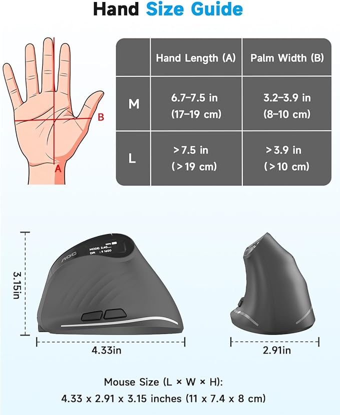 AOC 2.4GHz Ergonomic Mouse, Wireless Bluetooth Vertical Mouse for Work, 4800 DPI Optical Tracking, 5 Adjustable DPI, Quiet Clicks, RGB Light, Compatible with Computer, Laptop, PC, Mac, Desktop - Gray