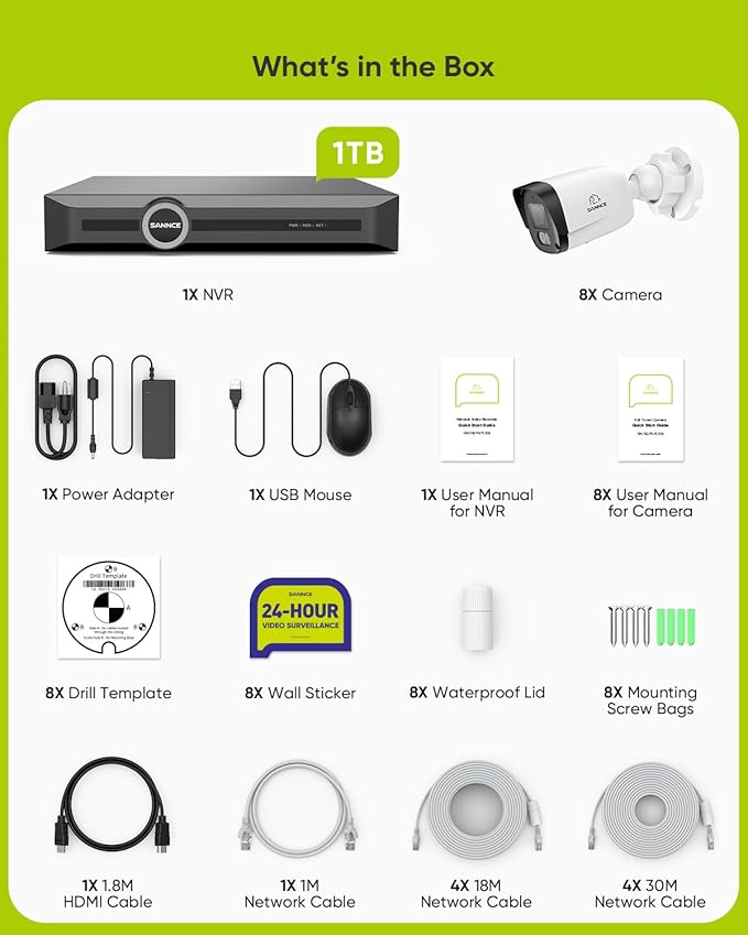 SANNCE 8CH 6MP Surveillance PoE NVR System with 8PCS 2K 3MP HD IP Cameras with H.265 Video Compression, Smart IR LED, APP Push Alert, Remote Access (with 1TB HDD)