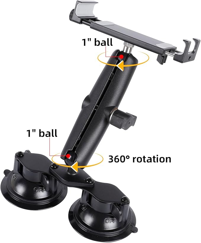Aluminum Tablet Holder with Dual Suction Cup Base for Car/Boat Windshield, Tablet Stand Fits iPad Air 13" M2 (2024), iPad Pro 12.9" and other 4.7-15" Tablets, Mount on Window Bathroom Mirror