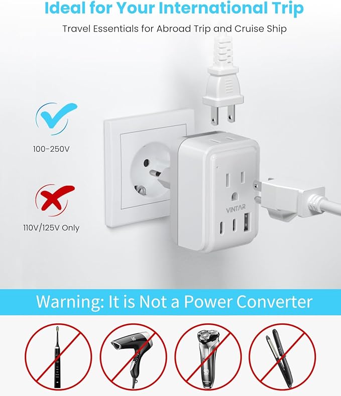 VINTAR Universal Travel Adapter Kit, International Power Adapter with 3 USB Ports(2 USB C) and 2 AC, Type A,B,C,D,E/F,G,I,M Detachable Attachments, Adapter for India/South Africa/Europe/UK