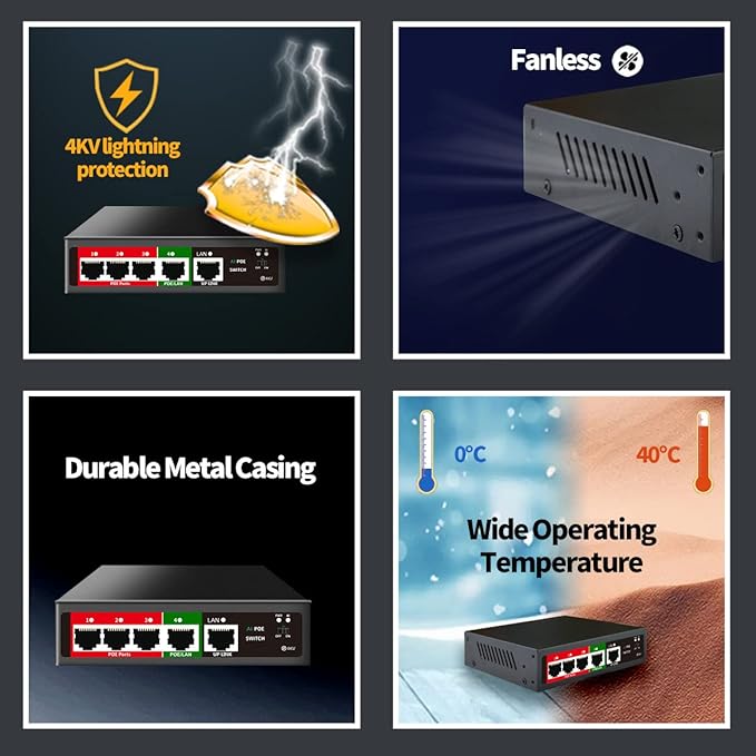 STEAMEMO 5 Port PoE+ Switch | Easy Smart Managed Ethernet Switch | Support VLAN, QoS | 52W Total PoE Budget | Fanless Metal | Plug & Play (Desktop/Wall Mount)