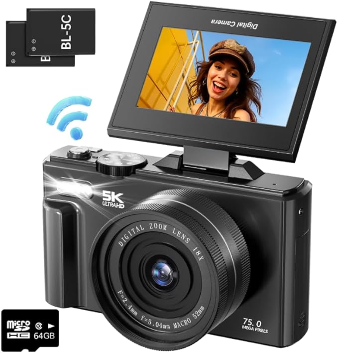 IWOBAC 5K Digital Camera for Photography - 75MP Autofocus Vlogging Camera with 64GB SD Card, WiFi, 18X Zoom 3" 180° Flip Screen Compact Travel Camera with 2 Batteries for Teens and Beginner