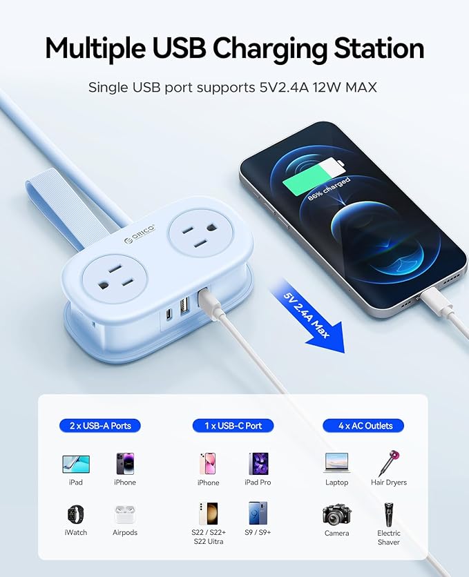 Travel Power Strip with USB C, ORICO 4 Outlets 3 USB Ports (1 USB C) with 4FT Wrapped Short Extension Cord Small Power Strip, Non Surge Protector for Travel, Cruise Ship-AP3