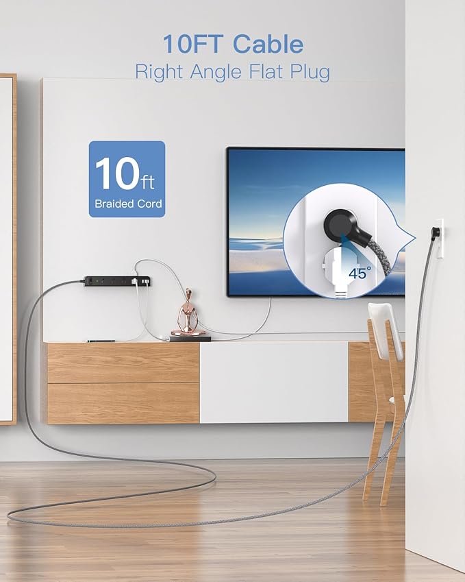 One Beat 10 ft Extension Cord,Power Strip Surge Protector 8 Widely AC Outlets 3 USB,Flat Plug,Desktop Charging Station with Overload Protection,Wall Mount for Home,Office,Computer ETL Listed,Black