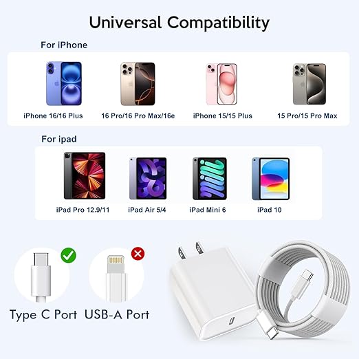 iPhone 17 16 Charger Fast Charging,20W Fast USB C Charger Block 3Pack USBC Type C Fast Charging 6FT Woven Charge Cable for Apple iPhone Air/17 Pro Max/16e/16 ProMax/16Plus/15 Pro/iPad Pro/Air/AirPods