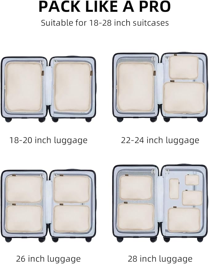 6 Set Compression Packing Cubes, Suitcase Storage Bags for Clothes and Travel Essentials (Cream White)