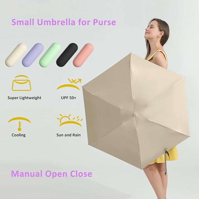 BAODINI Travel Essentials Mini Umbrella for Purse With Case Small Compact UV Sun Protection Lightweight Tiny Pocket Manual Open Close Umbrella for Women Kids and Men Fit Purse Backpack