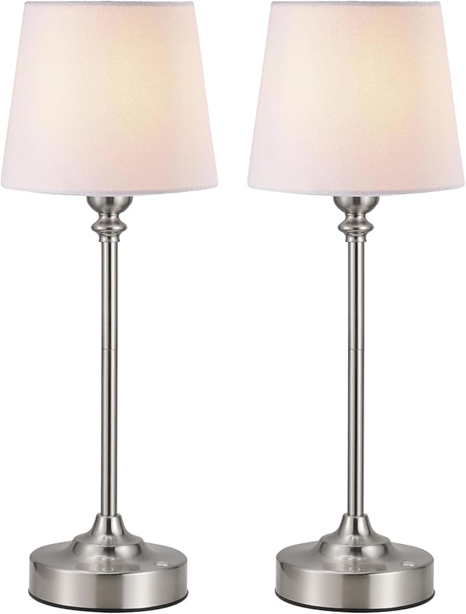 Kakanuo Cordless Table Lamps Rechargeable Set - 2 Pack Silver 4000mAH Battery Operated Lamps for Decor, 3000K Stepless Dimming Touch Wireless Lamp for Bedroom, Dining Table, Living Room, White Shade