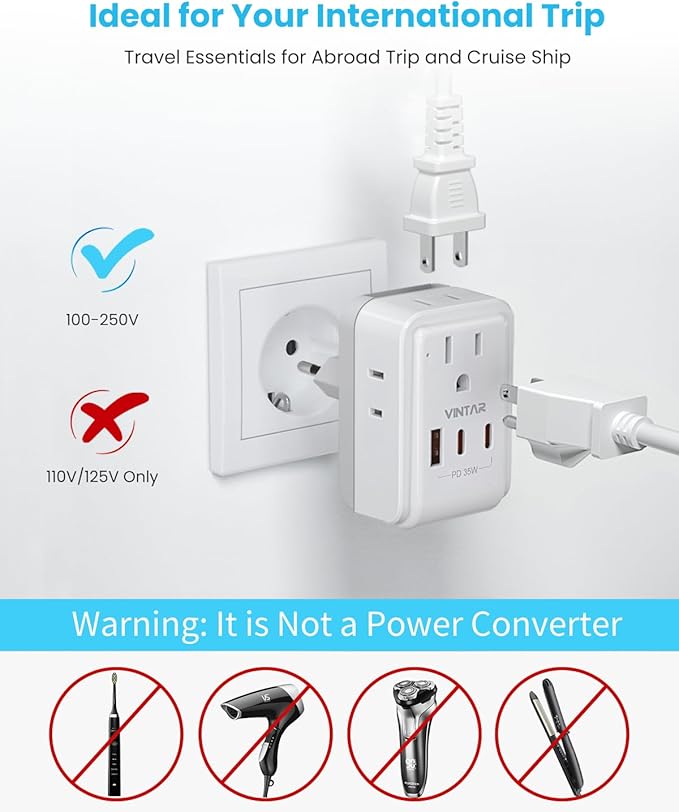 European Travel Plug Adapter Kit, VINTAR PD 35W International Power Adapter with 3 USB Ports (2 USB C) and 4 AC Outlets, Type C,G,E/F Detachable Attachments, Adapters for Europe and UK France Italy